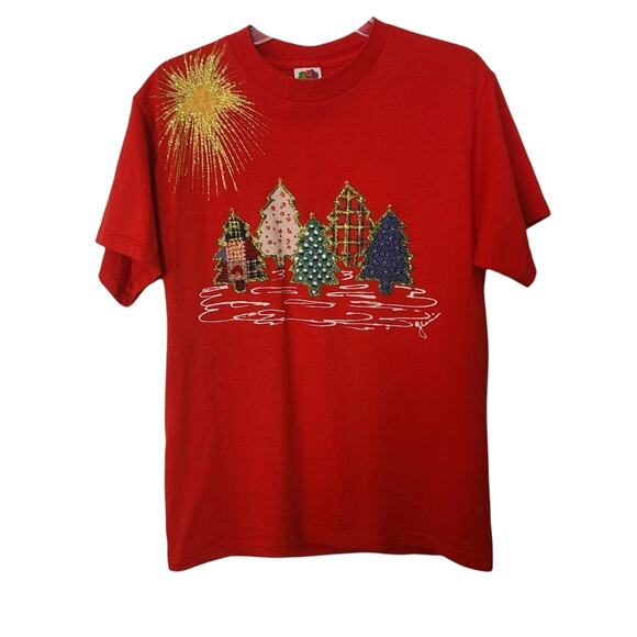 Fruit Of The Loom Ugly Christmas Tree Calico Print Handmade Winter Whimsical S - Picture 1 of 8